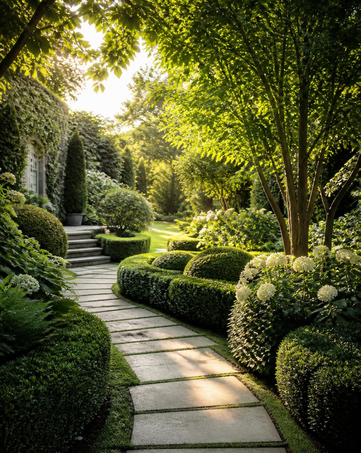 Formal garden with stone pathway, clipped hedges and hydrangeas in morning light