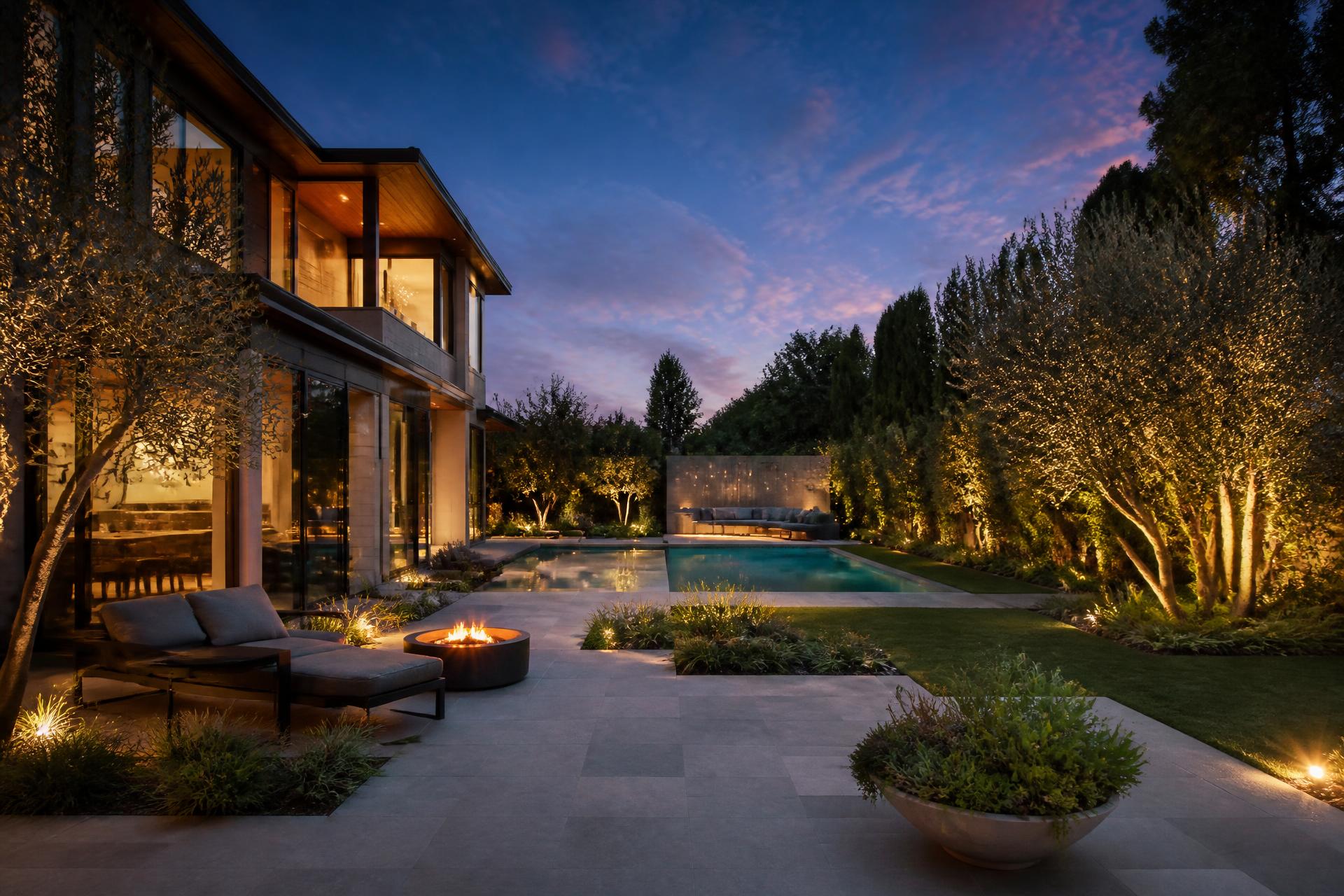 Luxury landscaped backyard with stone patio, pool and landscape lighting at dusk