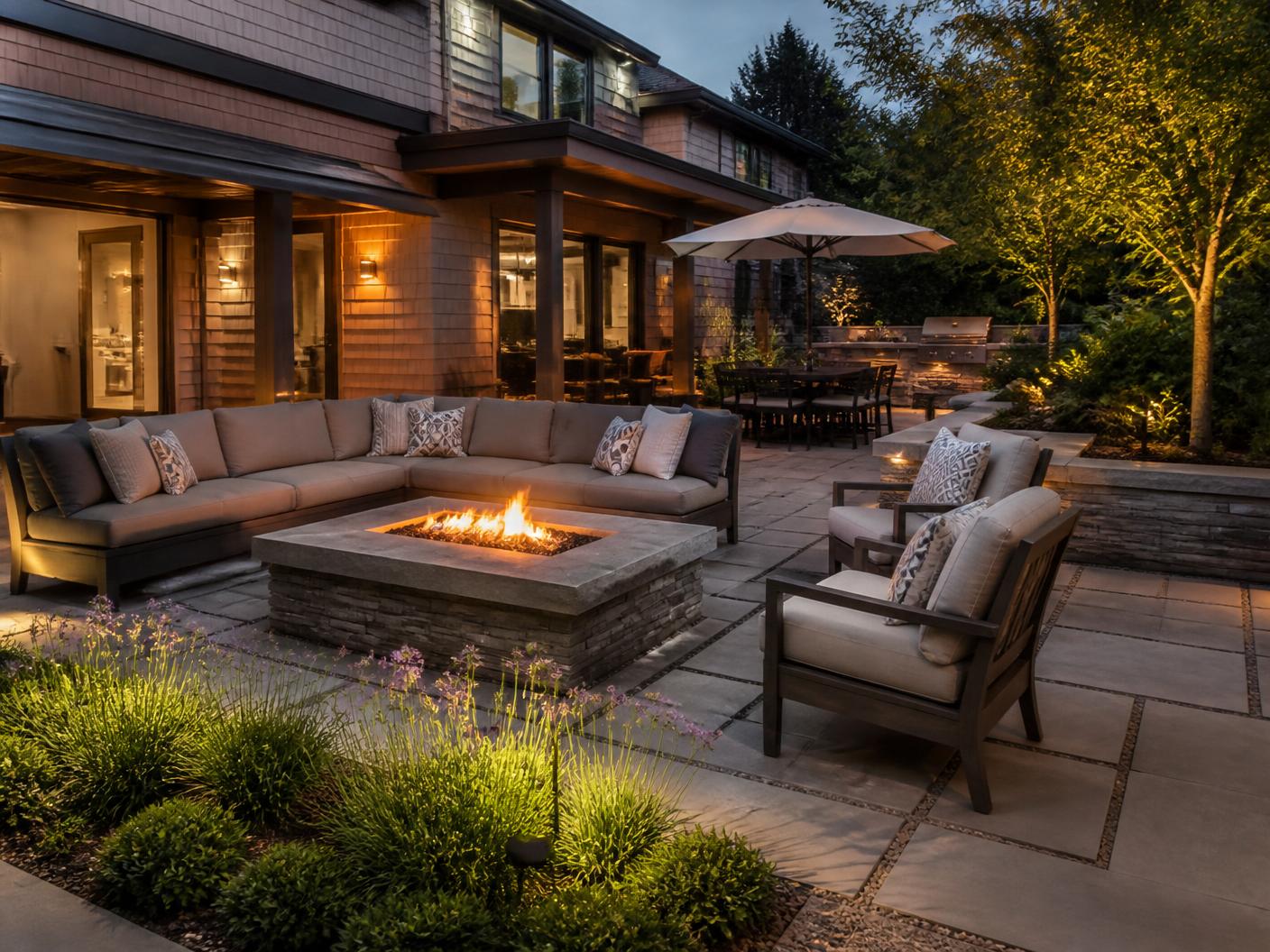 Modern backyard retreat with fire pit, lounge seating and stone patio at dusk