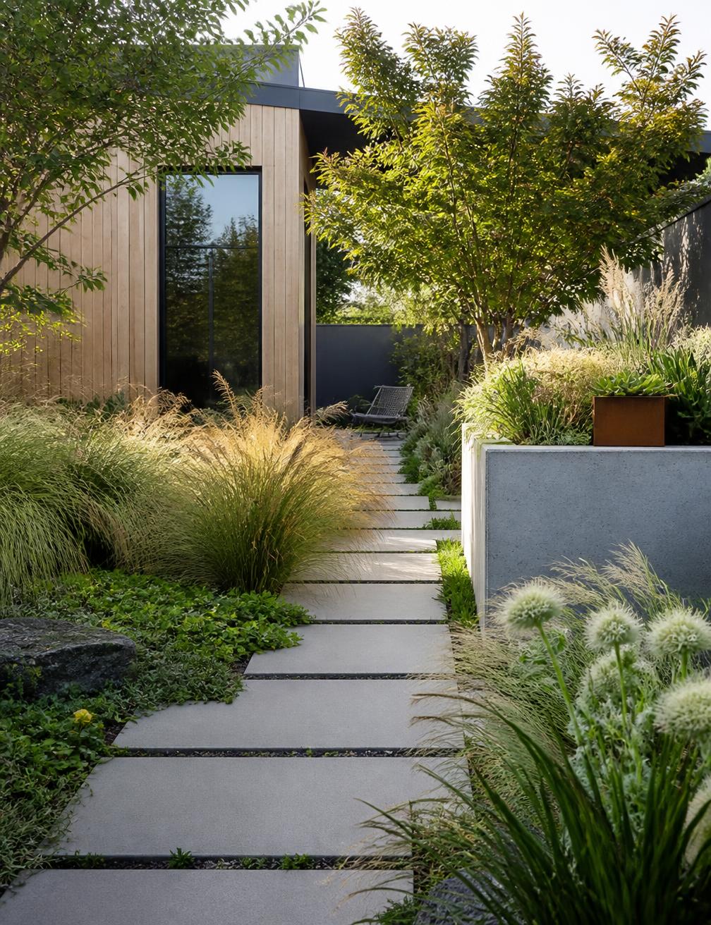 Contemporary garden with ornamental grasses and concrete stepping stones