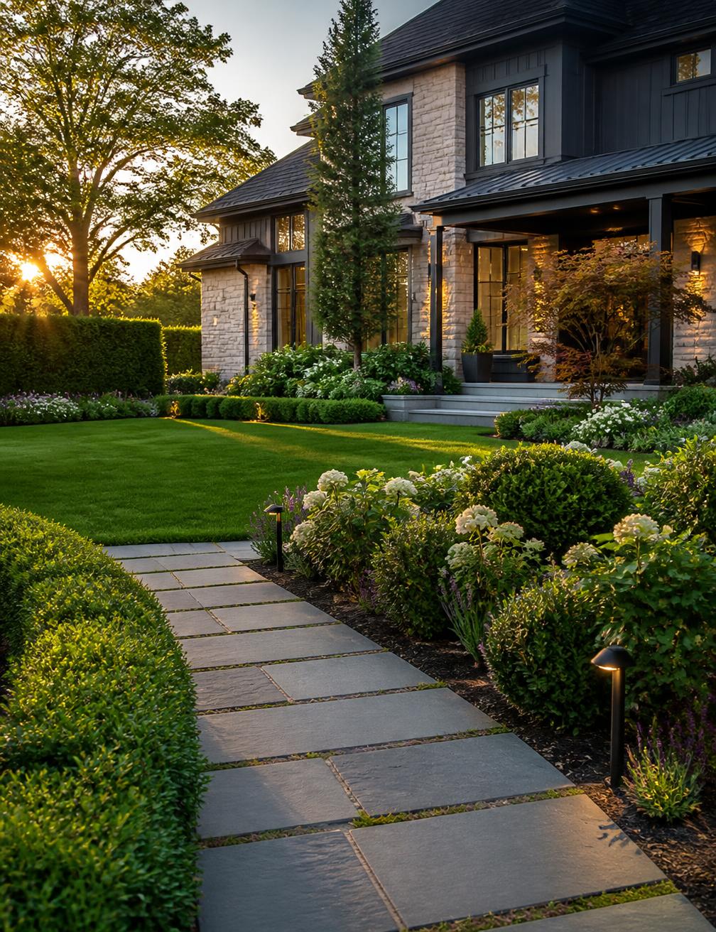 Elegant front yard with manicured lawn, stone walkway and layered shrubs