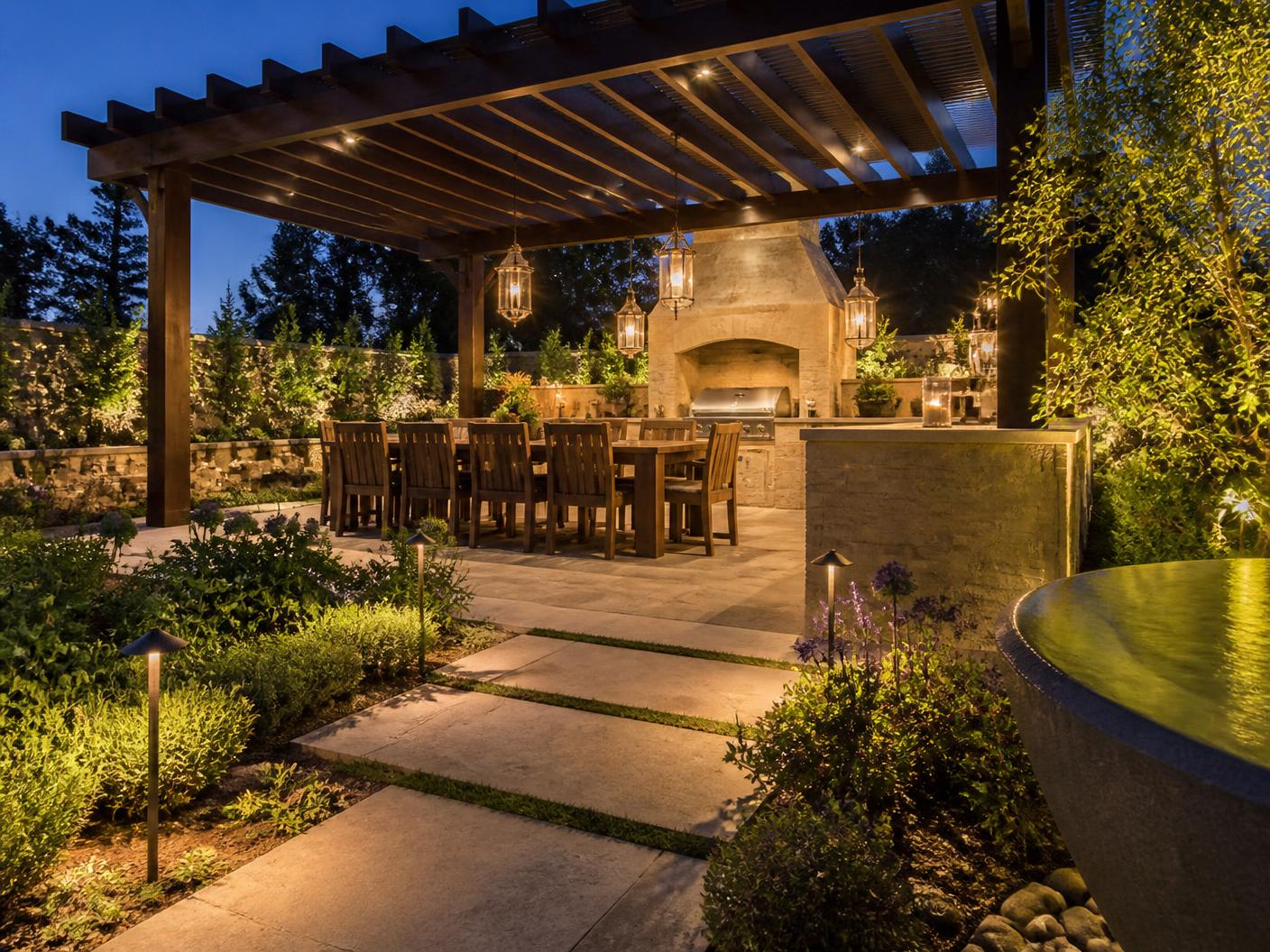 Outdoor entertainment space with pergola, dining table and landscape lighting